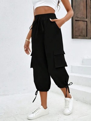 Moderie Butik Kadın Yüksek Bel Beli Lastikli Bağcıklı Cepli Kargo Viskon Iki Iplik Pantolon