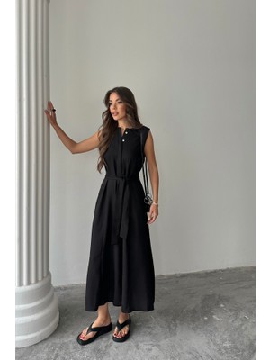 Moderie Butik Keten Elbise Kolsuz Bel Bağlamalı Maxi Elbise - Siyah