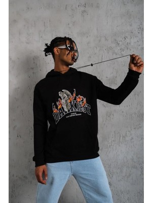 Silerra Erkek Oversize Kapüşonlu Sweatshirt – Siyah Renk Üç Iplik Içi Pamuklu Kanguru Cepli Baskılı Hoodie Rahat Kalıp Kışlık Günlük Kombinlere Uygun - Siyah
