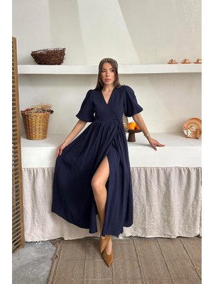 Moderie Butik Lacivert Müslin Uzun Elbise