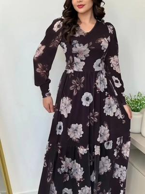 Moderie Butik Kadın Uzun Kollu V Yakalı Çiçek Desenli Maxi Süprem Elbise