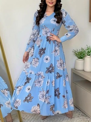 Moderie Butik Kadın Uzun Kollu V Yakalı Çiçek Desenli Maxi Süprem Elbise