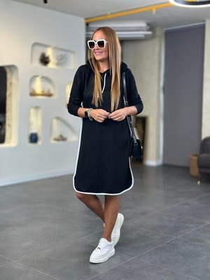 Moderie Butik Kadın Uzun Kollu Kapüşon ve Ribana Detay Diz Üstü Elbise