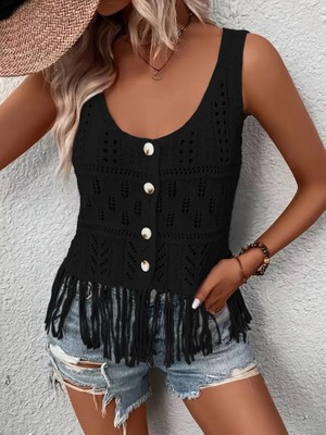 Moderie Butik Kadın Askılı Yuvarlak Yaka Önden Düğmelipüsküllü Triko Bluz