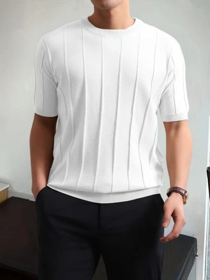 Moderie Butik Erkek Kısa Kollu Bisiklet Yaka Çizgili Triko Tshirt