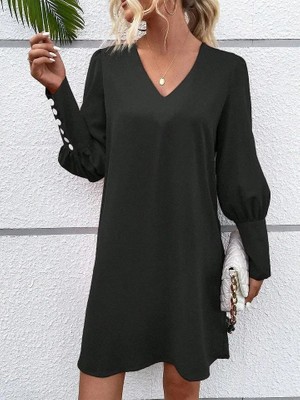 Moderie Butik Kadın Uzun Kollu V Yakalı Kısa Ithal Krep Elbise