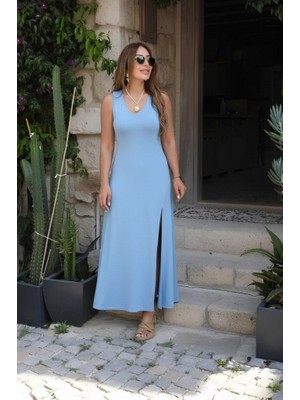 Moderie Butik Kadın Askılı V Yakalı Yırtmaçlı Uzun Viskon Elbise