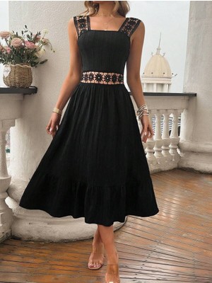 Moderie Butik Kadın Askılı ve Beli Dantel Detaylı Fırfırlı Uzun Bürümcük Elbise