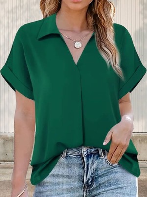 Moderie Butik Kadın Kısa Kollu Yakalı Uzun Sandy Bluz