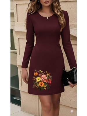 Moderie Butik Kadın Uzun Kollu Bisiklet Yaka Çiçek Desenli Mini Dalgıç Elbise