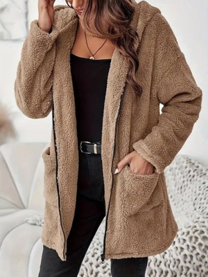Moderie Butik Kadın Uzun Kollu Kapşonlu Önden Fermuarlı Cepli Welsoft Ceket