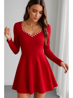 Moderie Butik Kadın Uzun Kollu Inci Yakalı Kısa Ithal Krep Elbise