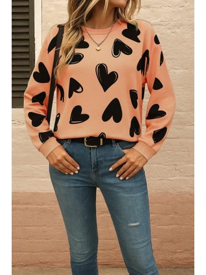 Moderie Butik Kadın Uzun Kollu Bisiklet Yaka Kalp Desenli Iki Iplik Bluz