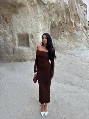 Moderie Butik Kadın Uzun Kollu Madonna Yaka Midi Boy Elbise