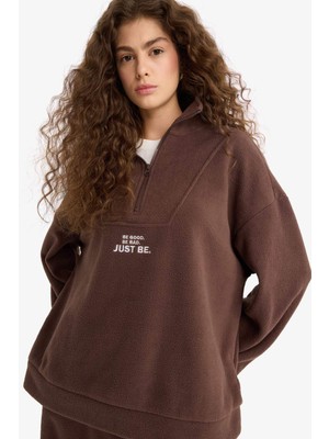 DeFacto Oversize Geniş Kalıp Dik Yaka Fermuarlı Baskılı Polar Sweatshirt Y2649AZ25WN