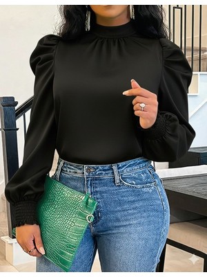 Moderie Butik Kadın Uzun Kollu Balıkçı Yaka Arkadan Bağlamalı Omuzlardan Balon Ithal Krep Bluz