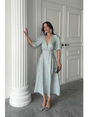 Moderie Butik Mint Işıltılı Kemerli Kruvaze Elbise