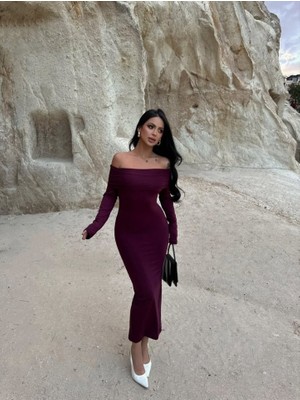 Moderie Butik Kadın Uzun Kollu Madonna Yaka Midi Boy Elbise