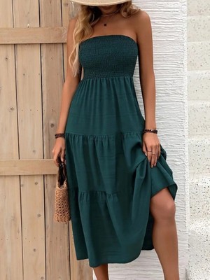 Moderie Butik Kadın Straplez Göğüsten Lastikli Kloş Aerobin Uzun Elbise