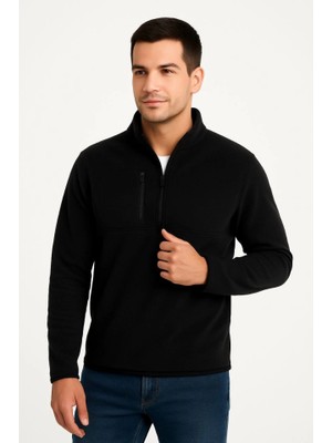 Moderie Butik Erkek Polar Kazak – Dik Yaka, Yarım Fermuarlı, Fermuarlı Göğüs Cepli, Siyah Biyeli, Kışlık Rahat Regular Fit Günlük Model - Siyah