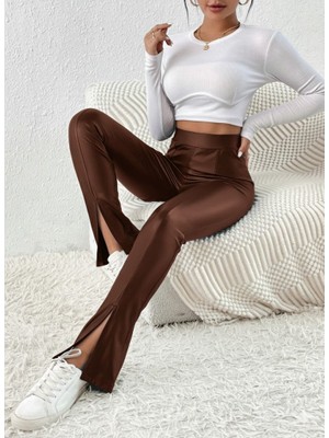 Moderie Butik Kadın Yüksek Bel Önden Yırtmaçlı Deri Tayt