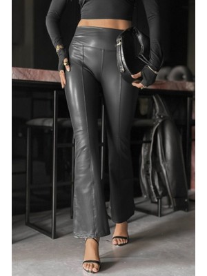 Moderie Butik Kadın Yüksek Bel Paçaya Doğru Geniş Deri Pantolon