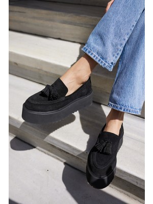 Angelina Jones Ajax Kadın Siyah Gercek Suet Puskullu 5 cm Eva Taban Loafer