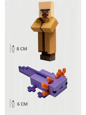 Minecraft Villager Köylü ve Mor Aksolotl Axolotl Set Hareketli Eklemli Figür