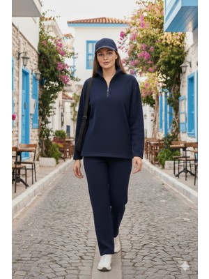 Moderie Butik Kadın Balıkçı Yaka Fermuar Detay Polar Sweat ve Pantolon Ikili Takım