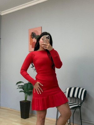 Moderie Butik Kadın Bisiklet Yaka Uzun Kol Etek Ucu Fırfırlı Triko (Polyenit) Mini Boy Elbise
