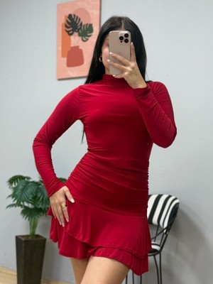 Moderie Butik Kadın Uzun Kollu Balıkçı Yaka Mini Fırfırlı Sandy Elbise