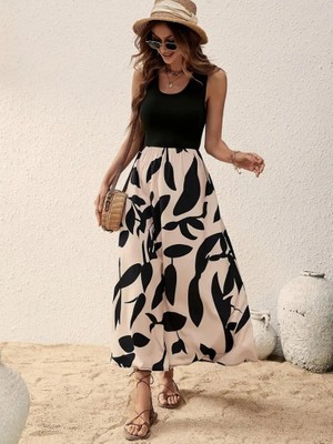 Moderie Butik Kadın Askılı Yuvarlak Yaka Üst Viskon Alt Desenli Uzun Süprem Elbise