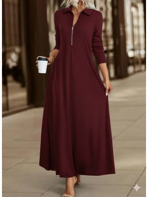 Moderie Butik Kadın Uzun Kollu Yakalı Önden Fermuarlı Uzun Viskon Iki Iplik Elbise