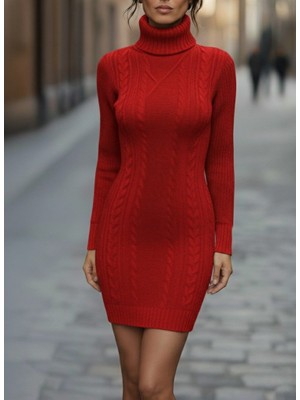 Moderie Butik Kadın Uzun Kollu Balıkçı Yaka Kısa Triko Elbise