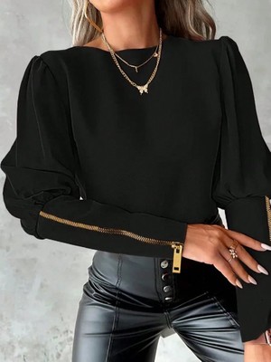 Moderie Butik Kadın Uzun Kollu Bisiklet Yaka Fermuar Detaylı Ithal Krep Bluz