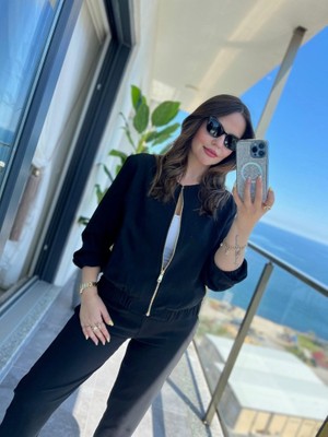 Moderie Butik Kadın Uzun Kollu Önden Fermuarlı Modal Ceket ve Pantolon Ikili Takım