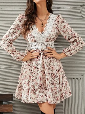 Moderie Butik Kadın Uzun Kollu Dantel V Yakalı Mini Desenli Süprem Elbise