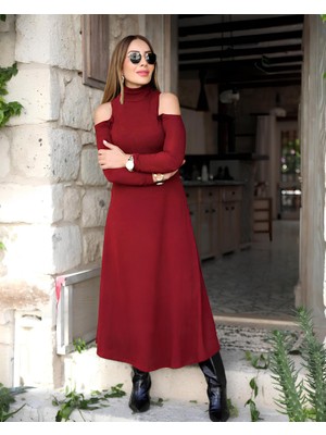 Moderie Butik Kadın Balıkçı Yaka Omuzlardan Açık Uzun Kollu Janjan Krep Elbise