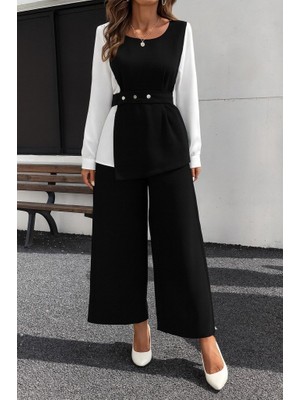 Moderie Butik Kadın Uzun Kollu Açık Yakalı Çift Renkli Kemerli Ithal Krep Ikili Takım