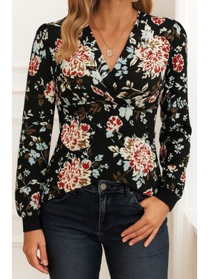 Moderie Butik Kadın Uzun Kollu Kruvaze Yakalı Kelebek Desenli Şardonlu Dalgıç Bluz