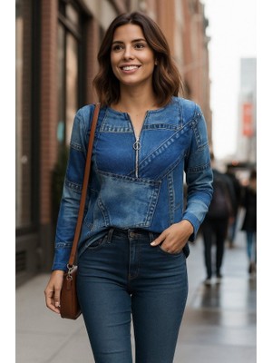 Moderie Butik Kadın Uzun Kollu Yakadan Fermuarlı Kot Görünüm Desenli Uzun Modal Bluz