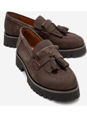 Luvi Poen Kahverengi Nubuk Hakiki Deri Püsküllü Kadın Loafer Ayakkabı