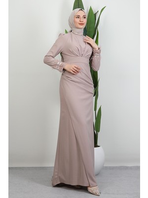 Yanı Pileli Kuyruklu Elbise Açık Vizon