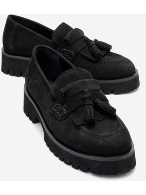 Luvi Poen Siyah Nubuk Hakiki Deri Püsküllü Kadın Loafer Ayakkabı