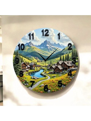 AA Shop Doğa Manzara Renkli Baskı Desenli Sayılı Hediyelik Ahşap Sessiz Tablo Duvar Saati
