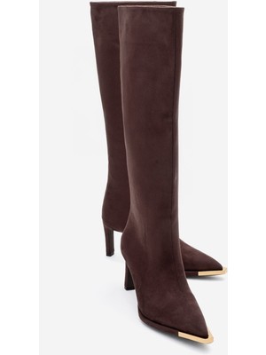 Luvi Lexa Kahverengi Süet Altın Detaylı Sivri Burunlu Kadın Topuklu Çizme