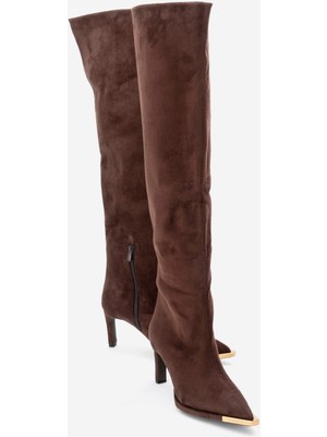 Luvi Vody Kahverengi Süet Dizüstü Fermuarlı Kadın Topuklu Çizme