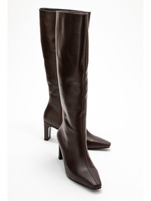 Luvi Lume Kahverengi Cilt Hakiki Deri Kadın Blok Topuklu Çizme