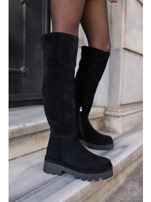 Angelina Jones Giselle Kadin Siyah Gercek Suet Diz Ustu Yandan Fermuarli Çizme