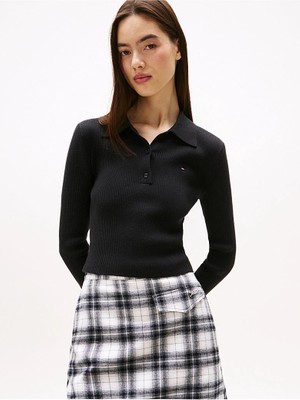 Tommy Hilfiger Tjw Klasik Polo Uzun Kollu Kadın Siyah Kazak DW0DW21829BDS